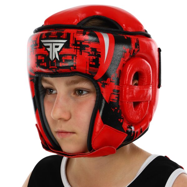 Шлем детский боксерский открытый кожаный красный-черный