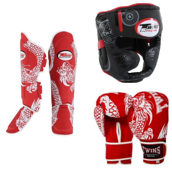 Бойцовский комплект TWINS шлем, перчатки и защита голени