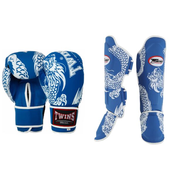 Бойцовский комплект TWINS синий перчатки и защита голени