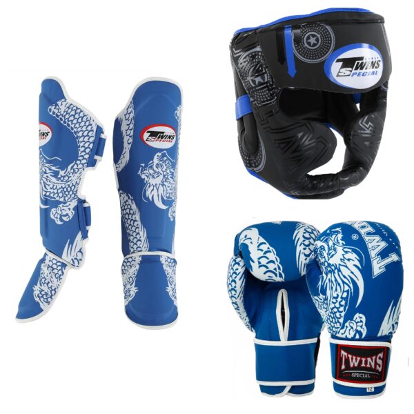 Бойцовский комплект TWINS шлем, перчатки и защита голени
