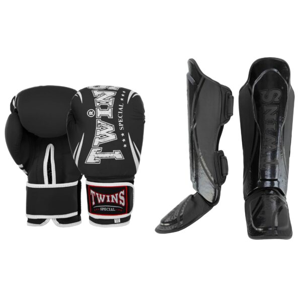 Бойцовский комплект TWINS черный перчатки и защита голени
