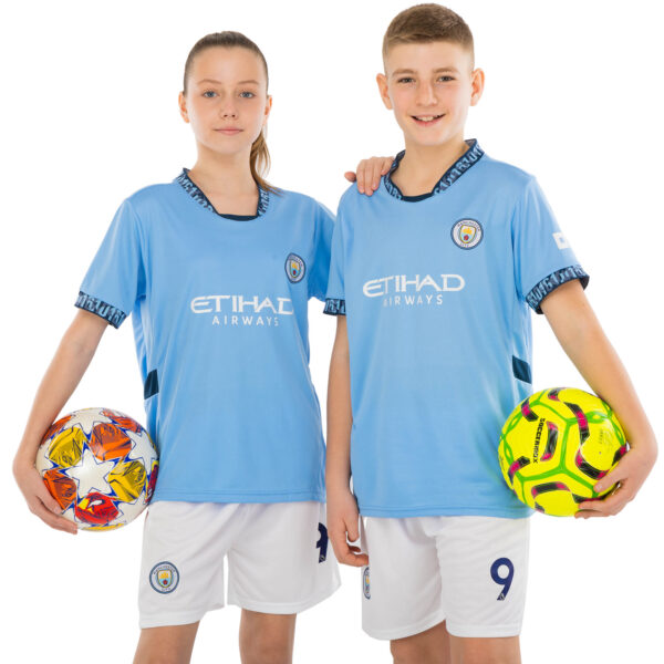 Форма футбольная детская с символикой футбольного клуба MANCHESTER CITY HAALAND 9 домашняя 2025 голубой-белый