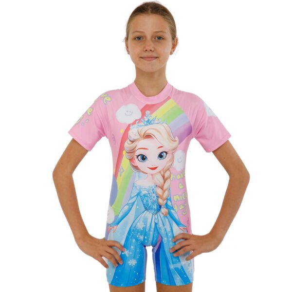 Костюм купальный солнцезащитный для девочек слитный с шапочкой Frozen M-XL розовый-голубой