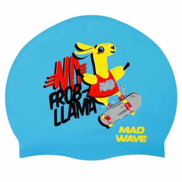 Шапочка для плавания силиконовая юниорская MadWave Junior LLAMA голубой