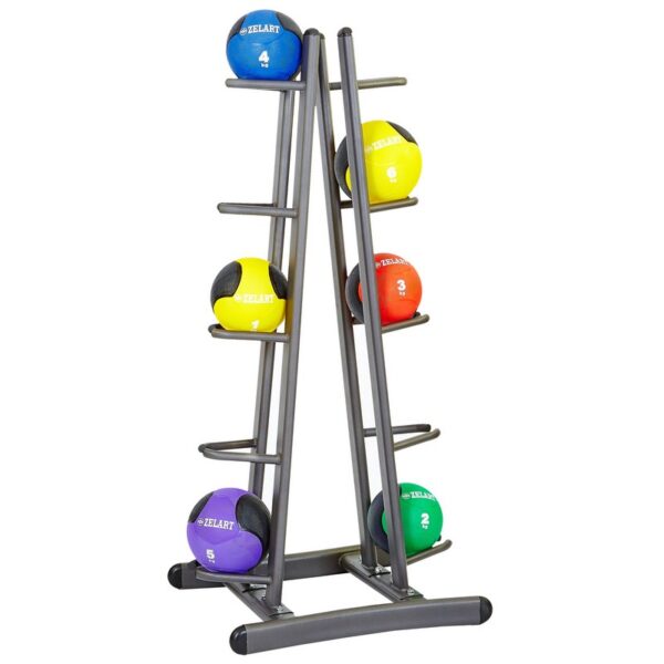 Стойка вертикальная для набивных мячей медболов на 10 мячей размер-74х63х160см серый