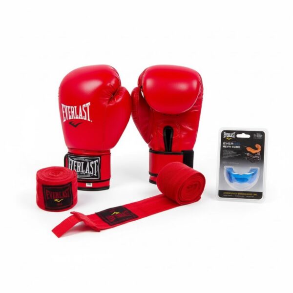 Боксерские перчатки Everlast с бинтами и капой (Красные)