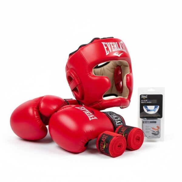 Комплект защиты шлем, перчатки, капа и бинты Everlast красные