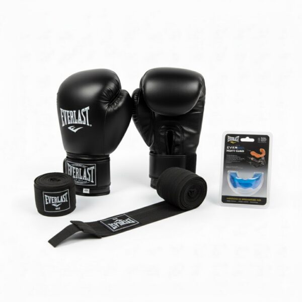 Боксерские перчатки Everlast с бинтами и капой (Черные)