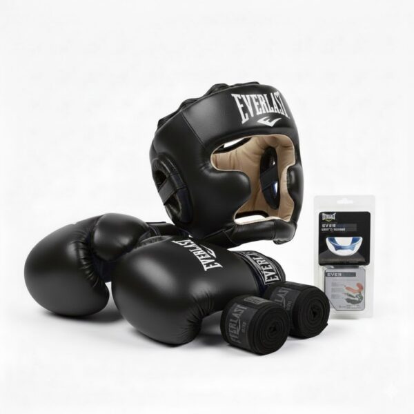 Комплект защиты шлем, перчатки, капа и бинты Everlast черные