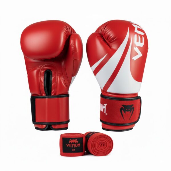 Перчатки боксерские с бинтами Venum 8,10,12,14 унц красные