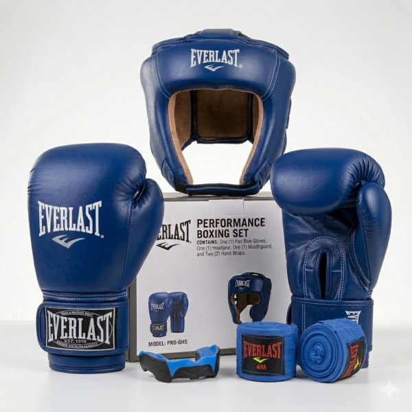 Комплект защиты шлем, перчатки, капа и бинты Everlast синий