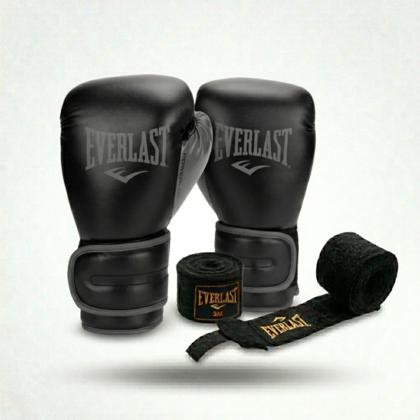 Перчатки боксерские Everlast 14oz чёрно-серый с бинтами 4м