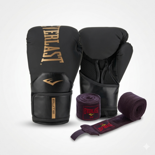 Перчатки боксерские Everlast 16oz чёрно-золотой с бинтами 4м