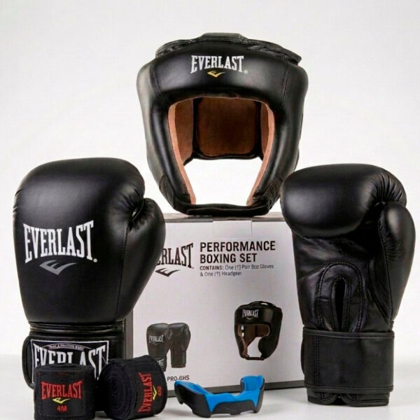 Комплект защиты шлем, перчатки, капа и бинты Everlast черные